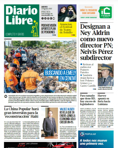 Portada Periódico Diario Libre, Jueves 31 de Agosto 2017