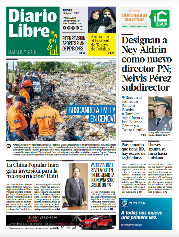 Portada Periódico Diario Libre, Jueves 31 de Agosto 2017