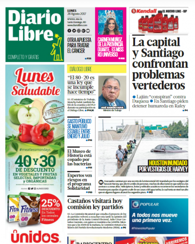 Portada Periódico Diario Libre, Lunes 28 de Agosto 2017