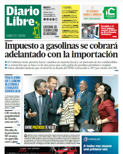 Portada Periódico Diario Libre, Martes 29 de Agosto 2017