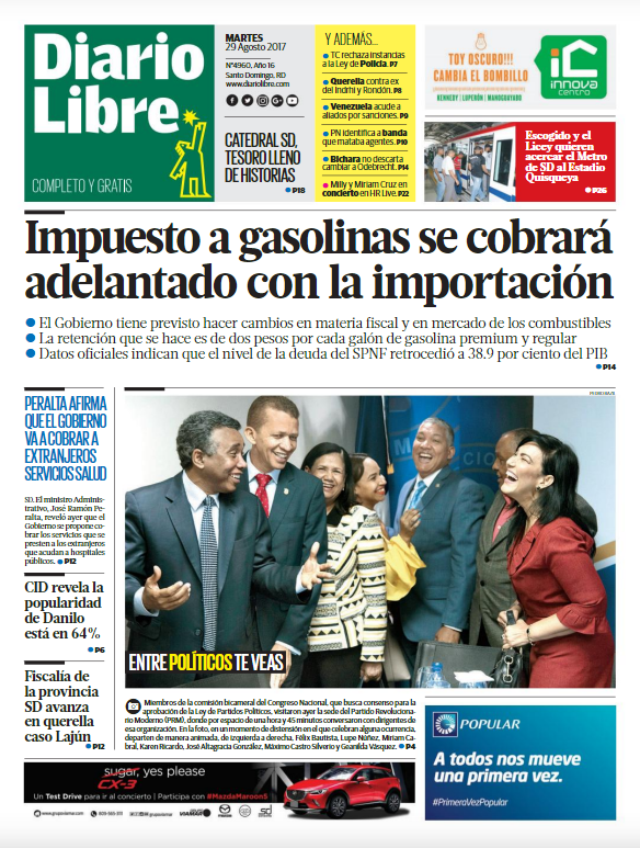 Portada Periódico Diario Libre, Martes 29 de Agosto 2017