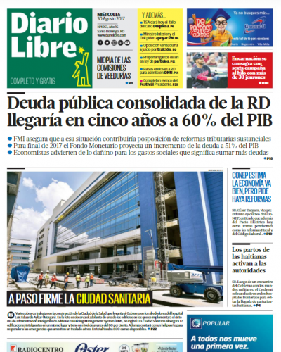 Portada Periódico Diario Libre, Miércoles 30 de Agosto 2017