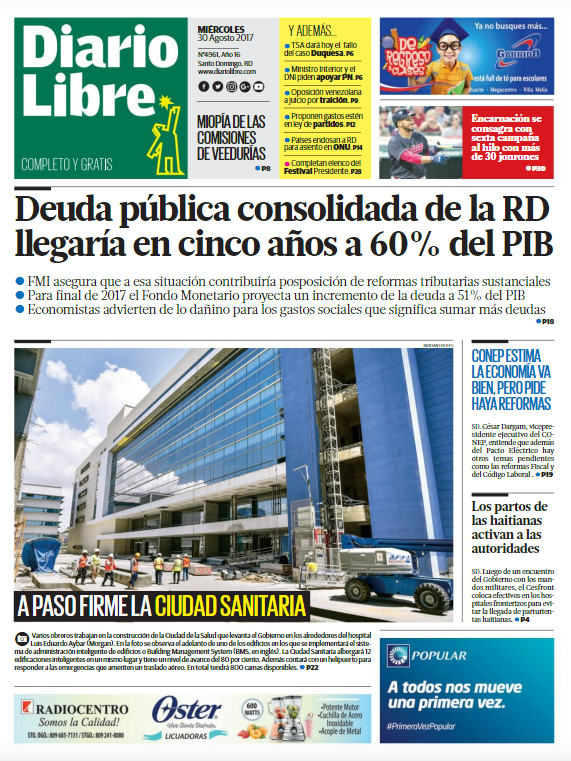 Portada Periódico Diario Libre, Miércoles 30 de Agosto 2017