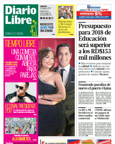 Portada Periódico Diario Libre, Sábado 26 de Agosto 2017