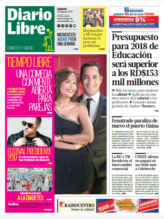 Portada Periódico Diario Libre, Sábado 26 de Agosto 2017