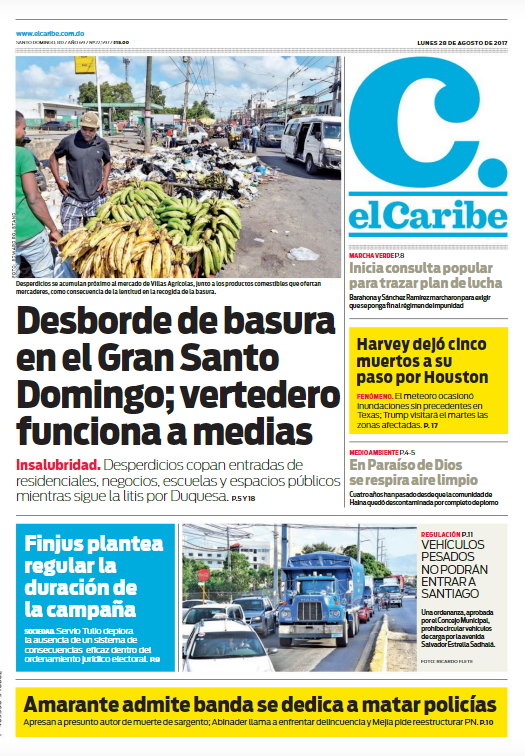 Portada Periódico El Caribe, Lunes 28 de Agosto 2017