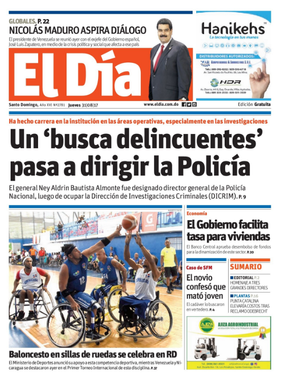 Portada Periódico El Día, Jueves 31 de Agosto 2017