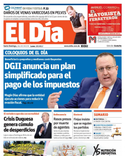 Portada Periódico El Día, Lunes 28 de Agosto 2017