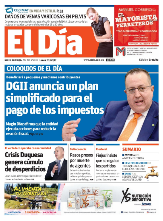 Portada Periódico El Día, Lunes 28 de Agosto 2017