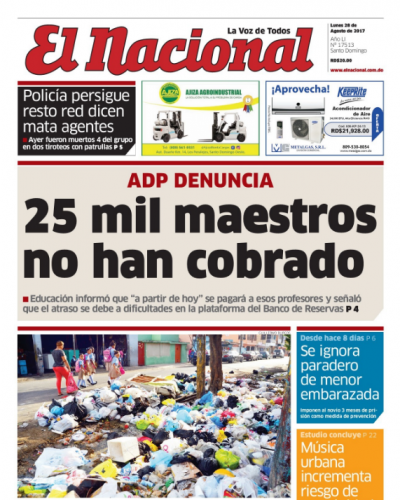 Portada Periódico El Nacional, Lunes 28 de Agosto 2017
