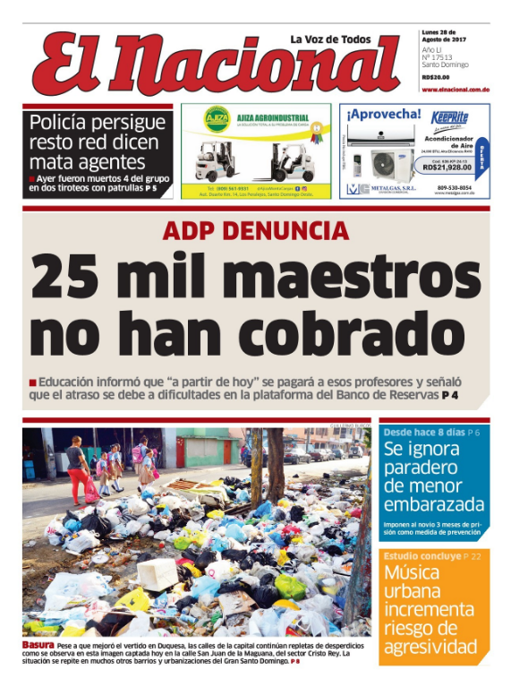 Portada Periódico El Nacional, Lunes 28 de Agosto 2017