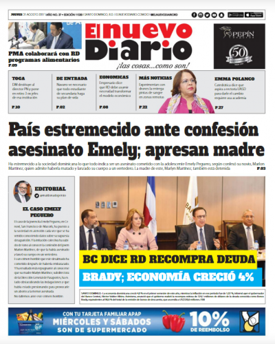 Portada Periódico El Nuevo Diario, Jueves 31 de Agosto 2017