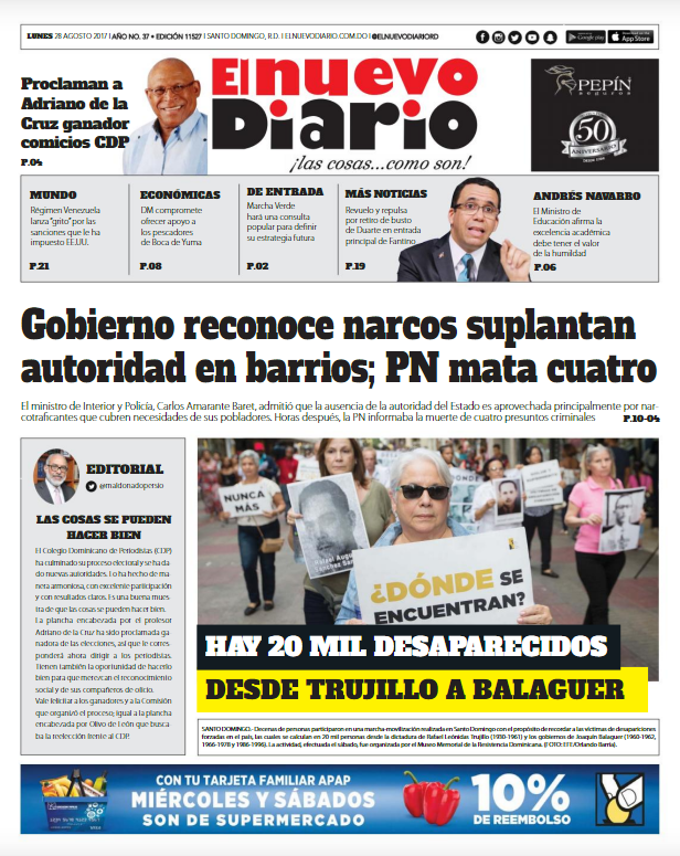 Portada Periódico El Nuevo Diario, Lunes 28 de Agosto 2017