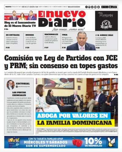 Portada Periódico El Nuevo Diario, Martes 29 de Agosto 2017