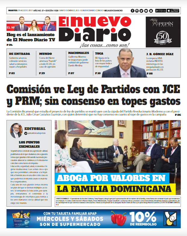 Portada Periódico El Nuevo Diario, Martes 29 de Agosto 2017