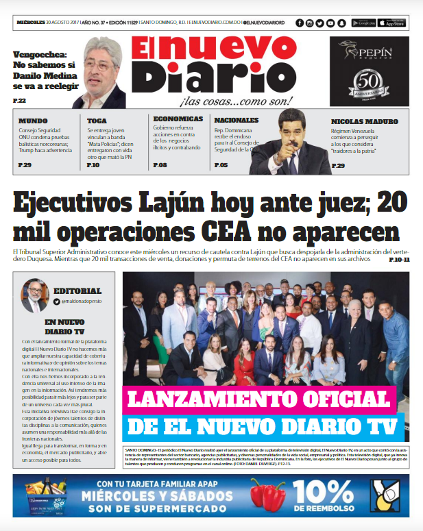 Portada Periódico El Nuevo Diario, Miércoles 30 de Agosto 2017