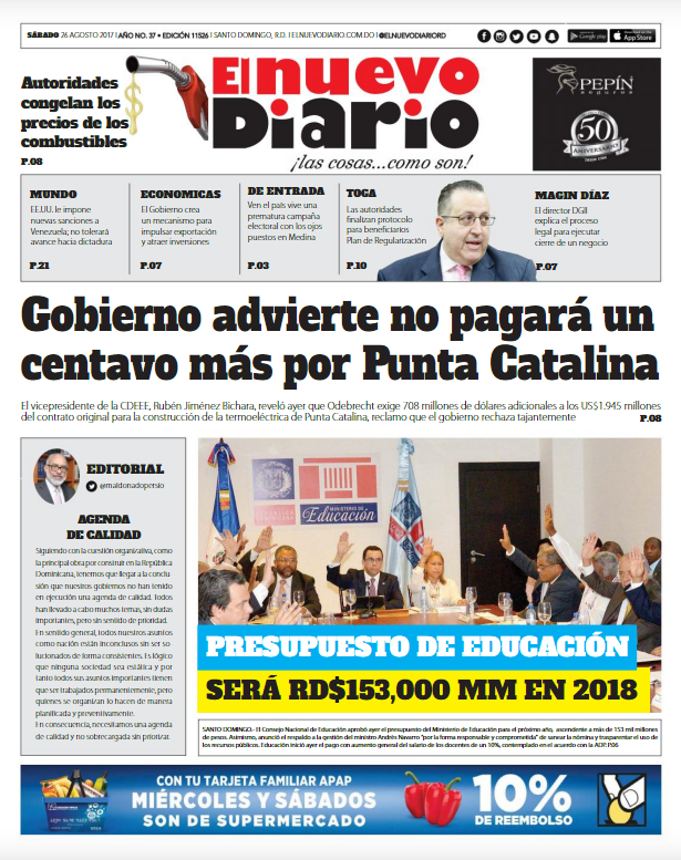 Portada Periódico El Nuevo Diario, Sábado 26 de Agosto 2017