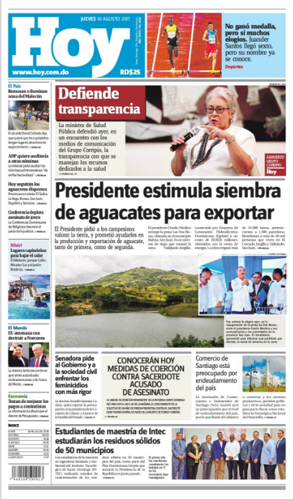 Portada Periódico Hoy, Jueves 10 de Agosto 2017