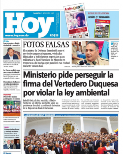 Portada Periódico Hoy, Lunes 07 de Agosto 2017
