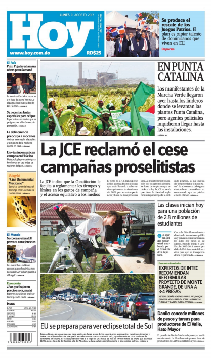 Portada Periódico Hoy, Lunes 21 de Agosto 2017