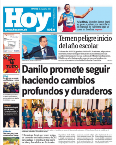 Portada Periódico Hoy, Martes 08 de Agosto 2017