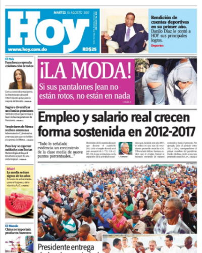 Portada Periódico Hoy, Martes 15 de Agosto 2017