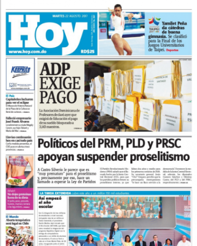Portada Periódico Hoy, Martes 22 de Agosto 2017