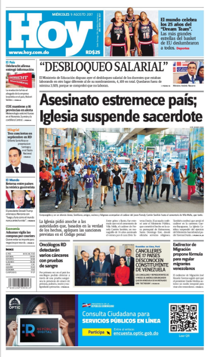 Portada Periódico Hoy, Miércoles 09 de Agosto 2017