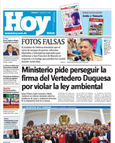 Portada Periódico Hoy, Sábado 05 de Agosto 2017