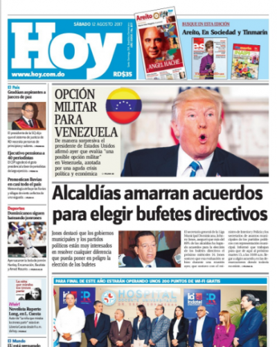 Portada Periódico Hoy, Sábado 12 de Agosto 2017