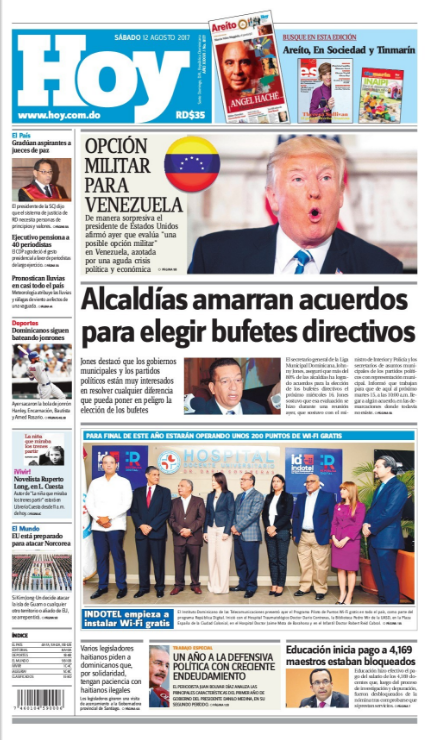 Portada Periódico Hoy, Sábado 12 de Agosto 2017