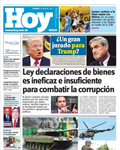 Portada Periódico Hoy, Viernes 04 de Agosto 2017