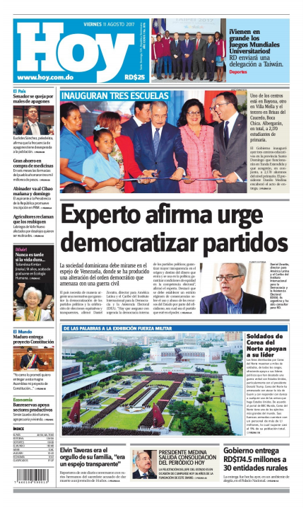 Portada Periódico Hoy, Viernes 11 de Agosto 2017