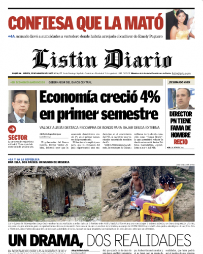 Portada Periódico Listín Diario, Jueves 31 de Agosto 2017