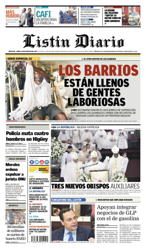 Portada Periódico Listín Diario, Lunes 28 de Agosto 2017