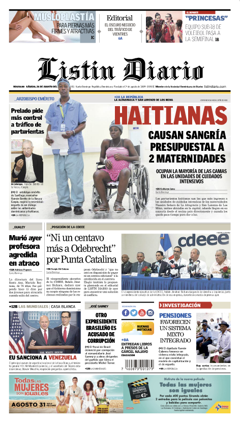 Portada Periódico Listín Diario, Sábado 26 de Agosto 2017