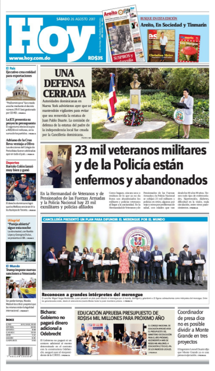 Portada Periódico Periódico Hoy, Sábado 26 de Agosto 2017