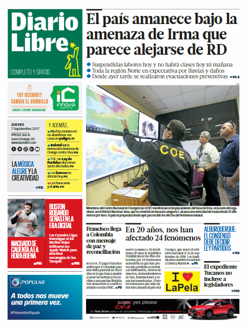 Portada Periódico Diario Libre, Jueves 07 de Septiembre 2017