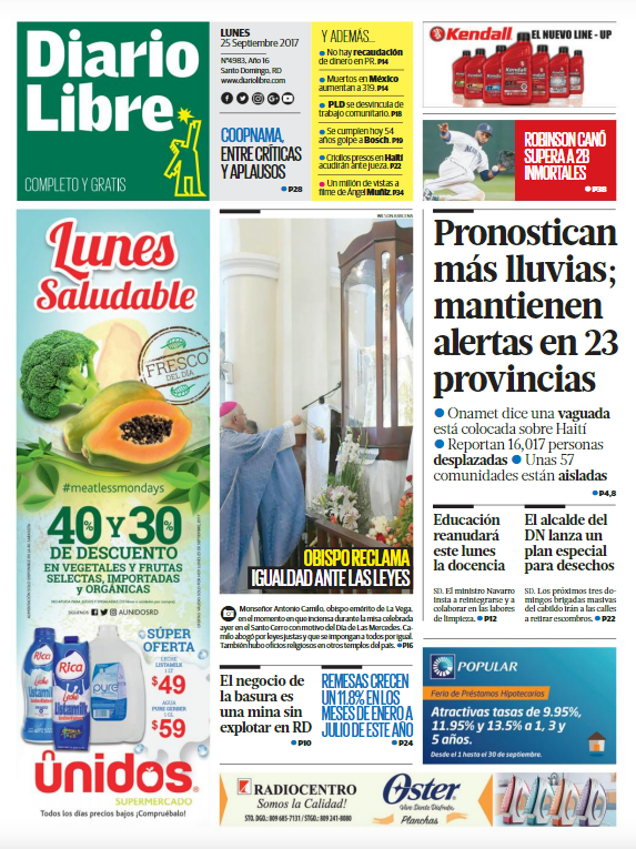 Portada Periódico Diario Libre, Lunes 25 de Septiembre 2017