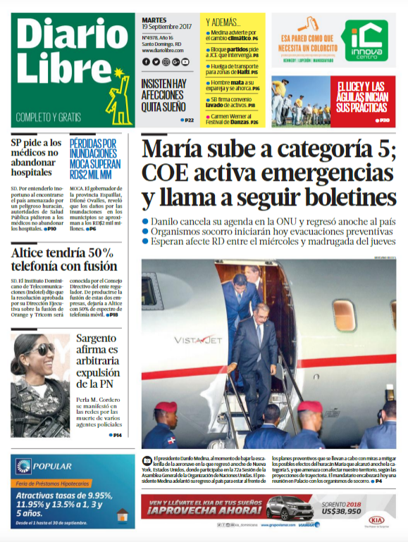 Portada Periódico Diario Libre, Martes 19 de Septiembre 2017