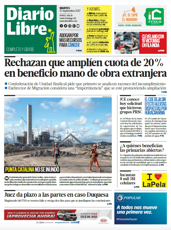 Portada Periódico Diario Libre, Miércoles 13 de Septiembre 2017