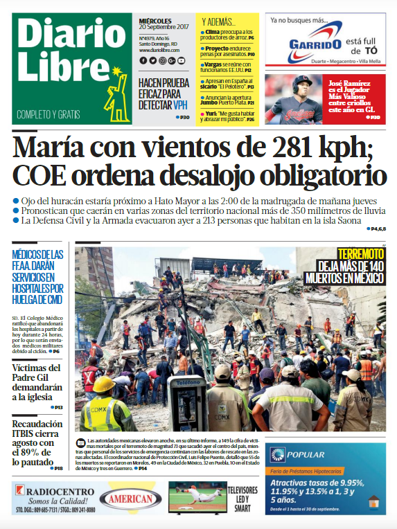 Portada Periódico Diario Libre, Miércoles 20 de Septiembre 2017