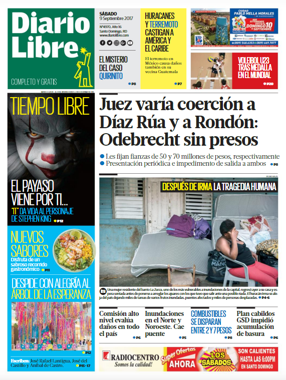 Portada Periódico Diario Libre, Sábado 09 de Septiembre 2017