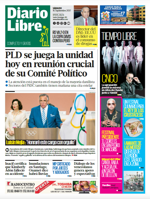 Portada Periódico Diario Libre, Sábado 16 de Septiembre 2017
