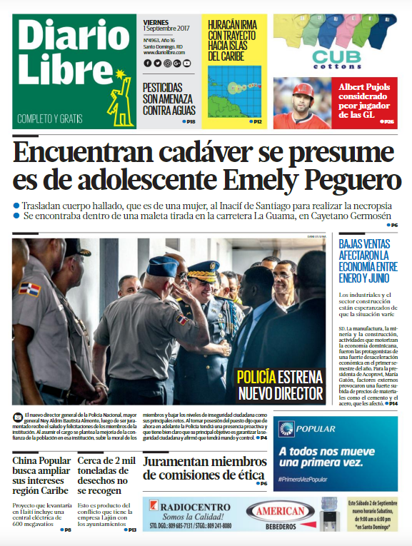 Portada Periódico Diario Libre, Viernes 01 de Septiembre 2017