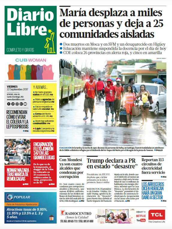Portada Periódico Diario Libre, Viernes 22 de Septiembre 2017