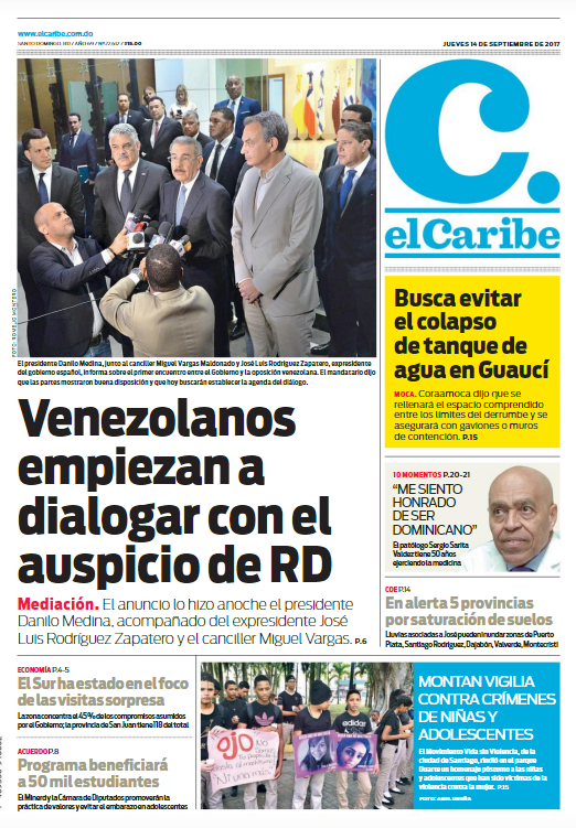 Portada Periódico El Caribe, Jueves 14 de Septiembre 2017
