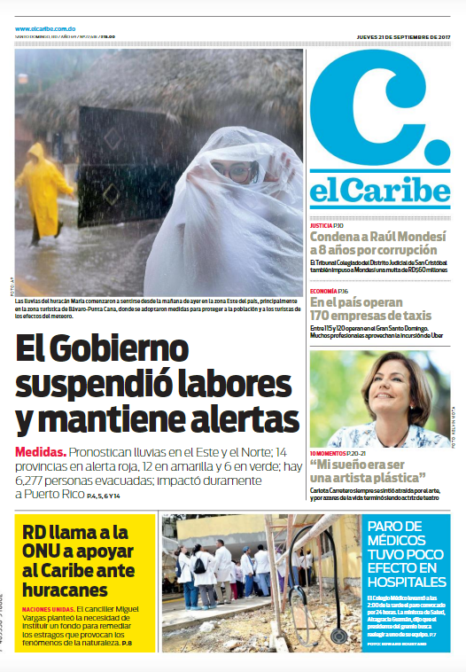 Portada Periódico El Caribe, Jueves 21 de Septiembre 2017
