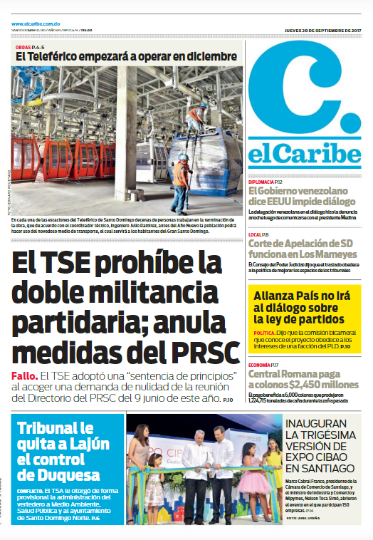 Portada Periódico El Caribe, Jueves 28 de Septiembre 2017