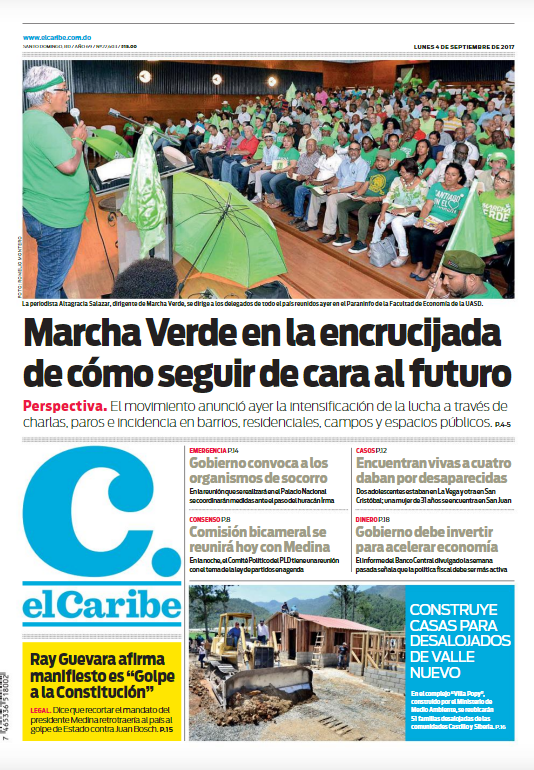 Portada Periódico El Caribe, Lunes 04 de Septiembre 2017